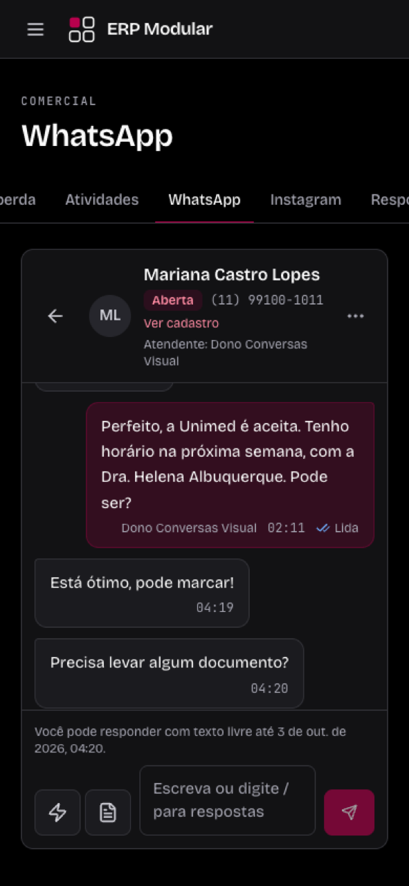 Conversa de WhatsApp com paciente dentro do sistema